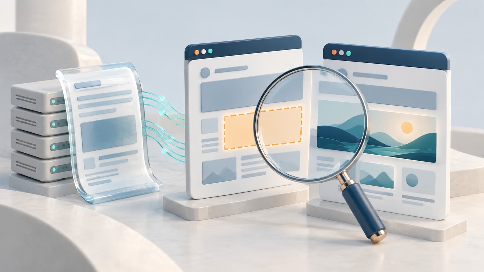 Сравнение серверного HTML и готовой страницы с отсутствующим блоком содержимого под увеличительным стеклом