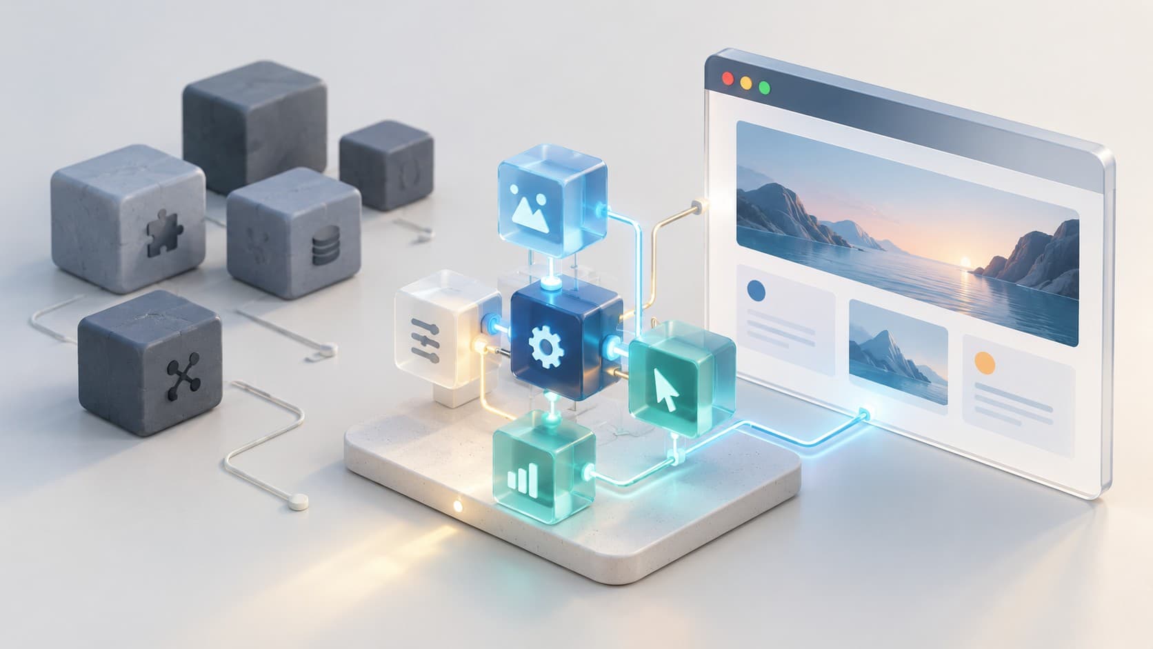 Aktive JavaScript-Module sind mit einer Seite verbunden; ungenutzte Blöcke liegen daneben