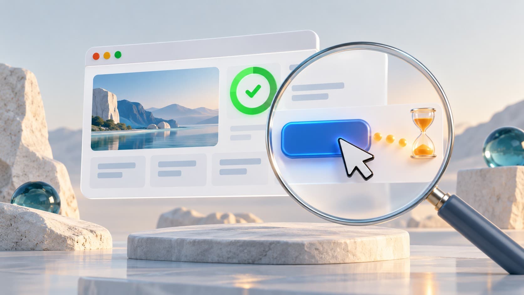Green page-loading indicator and a delayed button click under a magnifying glass